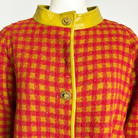 Bonnie Cashin for Sills Coat Large Pocket Pink Check Wool Lime Leather Trim 60s - Picture 5 of 14